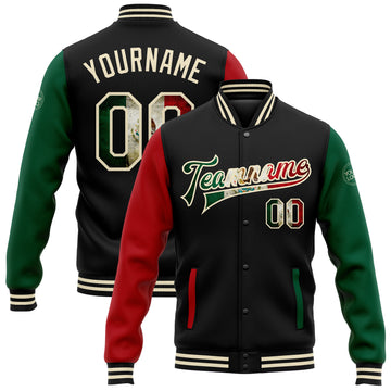 Custom Black Vintage Mexican Flag Cream Kelly Green-Red Bomber Full-Snap Varsity Letterman Two Tone Jacket