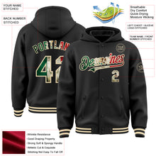 Load image into Gallery viewer, Custom Black Vintage Mexican Flag-Cream Bomber Full-Snap Varsity Letterman Hoodie Jacket
