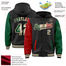 Load image into Gallery viewer, Custom Black Vintage Mexican Flag Kelly Green Red-Cream Bomber Full-Snap Varsity Letterman Two Tone Hoodie Jacket
