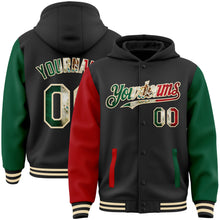 Load image into Gallery viewer, Custom Black Vintage Mexican Flag Kelly Green Red-Cream Bomber Full-Snap Varsity Letterman Two Tone Hoodie Jacket
