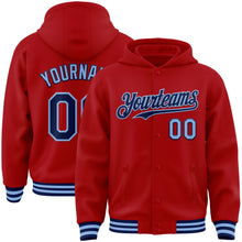 Load image into Gallery viewer, Custom Red Navy-Light Blue Bomber Full-Snap Varsity Letterman Hoodie Jacket
