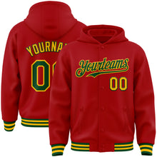 Load image into Gallery viewer, Custom Red Green-Gold Bomber Full-Snap Varsity Letterman Hoodie Jacket
