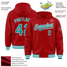 Load image into Gallery viewer, Custom Red Teal-White Bomber Full-Snap Varsity Letterman Hoodie Jacket
