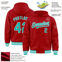 Load image into Gallery viewer, Custom Red Aqua-White Bomber Full-Snap Varsity Letterman Hoodie Jacket
