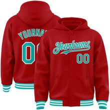 Load image into Gallery viewer, Custom Red Aqua-White Bomber Full-Snap Varsity Letterman Hoodie Jacket
