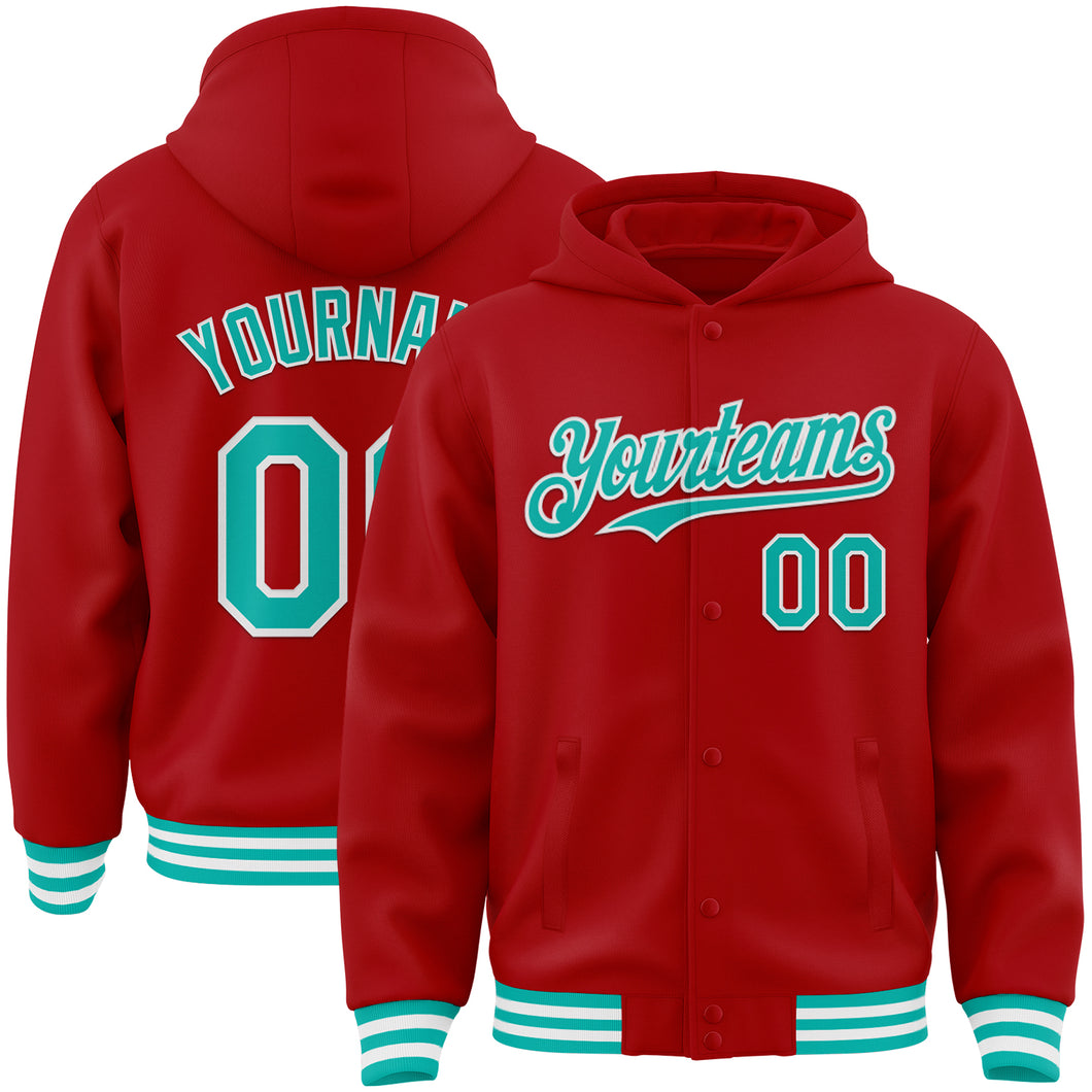 Custom Red Aqua-White Bomber Full-Snap Varsity Letterman Hoodie Jacket