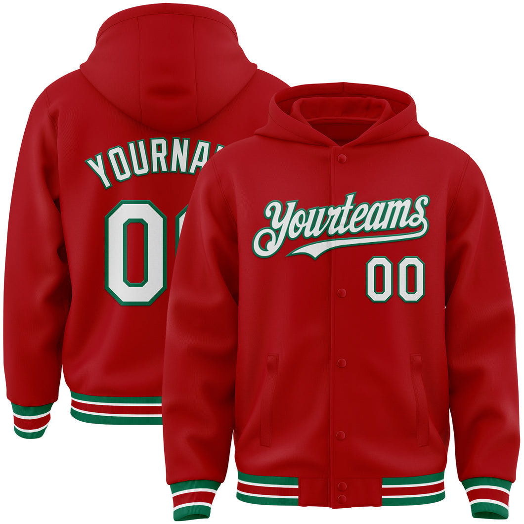 Custom Red White-Kelly Green Bomber Full-Snap Varsity Letterman Hoodie Jacket