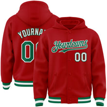 Load image into Gallery viewer, Custom Red Kelly Green-White Bomber Full-Snap Varsity Letterman Hoodie Jacket
