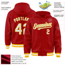 Load image into Gallery viewer, Custom Red White-Gold Bomber Full-Snap Varsity Letterman Hoodie Jacket
