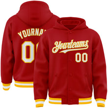 Load image into Gallery viewer, Custom Red White-Gold Bomber Full-Snap Varsity Letterman Hoodie Jacket
