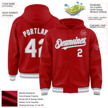 Load image into Gallery viewer, Custom Red White-Gray Bomber Full-Snap Varsity Letterman Hoodie Jacket
