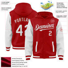 Load image into Gallery viewer, Custom Red White Bomber Full-Snap Varsity Letterman Two Tone Hoodie Jacket
