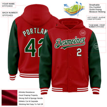 Load image into Gallery viewer, Custom Red Green-White Bomber Full-Snap Varsity Letterman Two Tone Hoodie Jacket
