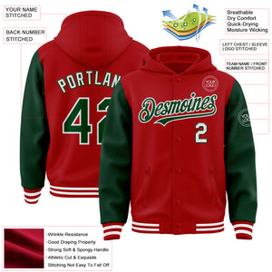 Custom Red Green-White Bomber Full-Snap Varsity Letterman Two Tone Hoodie Jacket