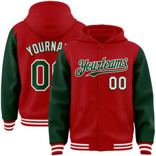 Load image into Gallery viewer, Custom Red Green-White Bomber Full-Snap Varsity Letterman Two Tone Hoodie Jacket
