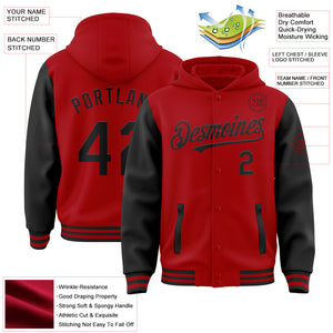 Custom Red Black Bomber Full-Snap Varsity Letterman Two Tone Hoodie Jacket