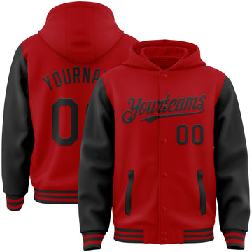 Custom Red Black Bomber Full-Snap Varsity Letterman Two Tone Hoodie Jacket