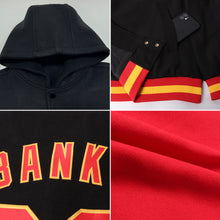 Load image into Gallery viewer, Custom Red Black-Old Gold Bomber Full-Snap Varsity Letterman Two Tone Hoodie Jacket
