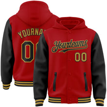 Load image into Gallery viewer, Custom Red Black-Old Gold Bomber Full-Snap Varsity Letterman Two Tone Hoodie Jacket
