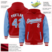 Load image into Gallery viewer, Custom Red Light Blue-White Bomber Full-Snap Varsity Letterman Two Tone Hoodie Jacket
