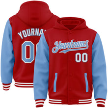 Load image into Gallery viewer, Custom Red Light Blue-White Bomber Full-Snap Varsity Letterman Two Tone Hoodie Jacket
