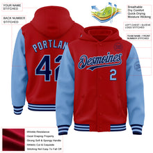 Load image into Gallery viewer, Custom Red Navy-Light Blue Bomber Full-Snap Varsity Letterman Two Tone Hoodie Jacket
