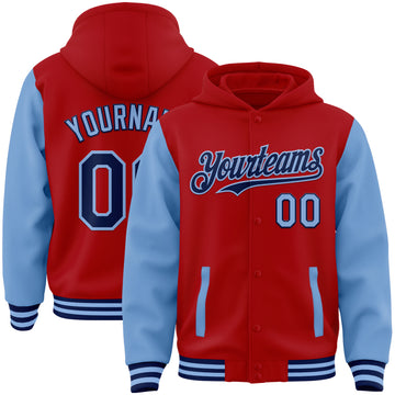 Custom Red Navy-Light Blue Bomber Full-Snap Varsity Letterman Two Tone Hoodie Jacket