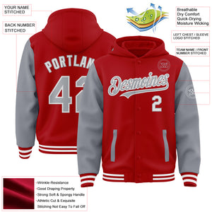 Custom Red Gray-White Bomber Full-Snap Varsity Letterman Two Tone Hoodie Jacket