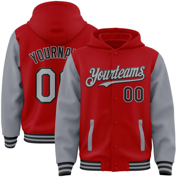 Custom Red Gray-Black Bomber Full-Snap Varsity Letterman Two Tone Hoodie Jacket