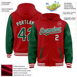 Custom Red Kelly Green-White Bomber Full-Snap Varsity Letterman Two Tone Hoodie Jacket