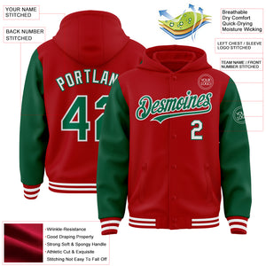 Custom Red Kelly Green-White Bomber Full-Snap Varsity Letterman Two Tone Hoodie Jacket