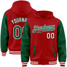 Load image into Gallery viewer, Custom Red Kelly Green-White Bomber Full-Snap Varsity Letterman Two Tone Hoodie Jacket
