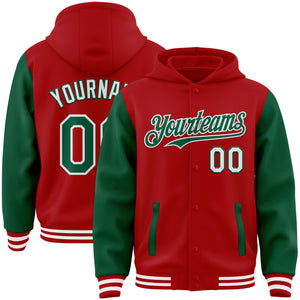 Custom Red Kelly Green-White Bomber Full-Snap Varsity Letterman Two Tone Hoodie Jacket