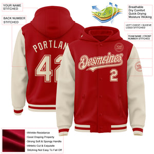 Custom Red Cream Bomber Full-Snap Varsity Letterman Two Tone Hoodie Jacket