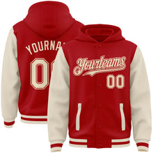 Load image into Gallery viewer, Custom Red Cream Bomber Full-Snap Varsity Letterman Two Tone Hoodie Jacket
