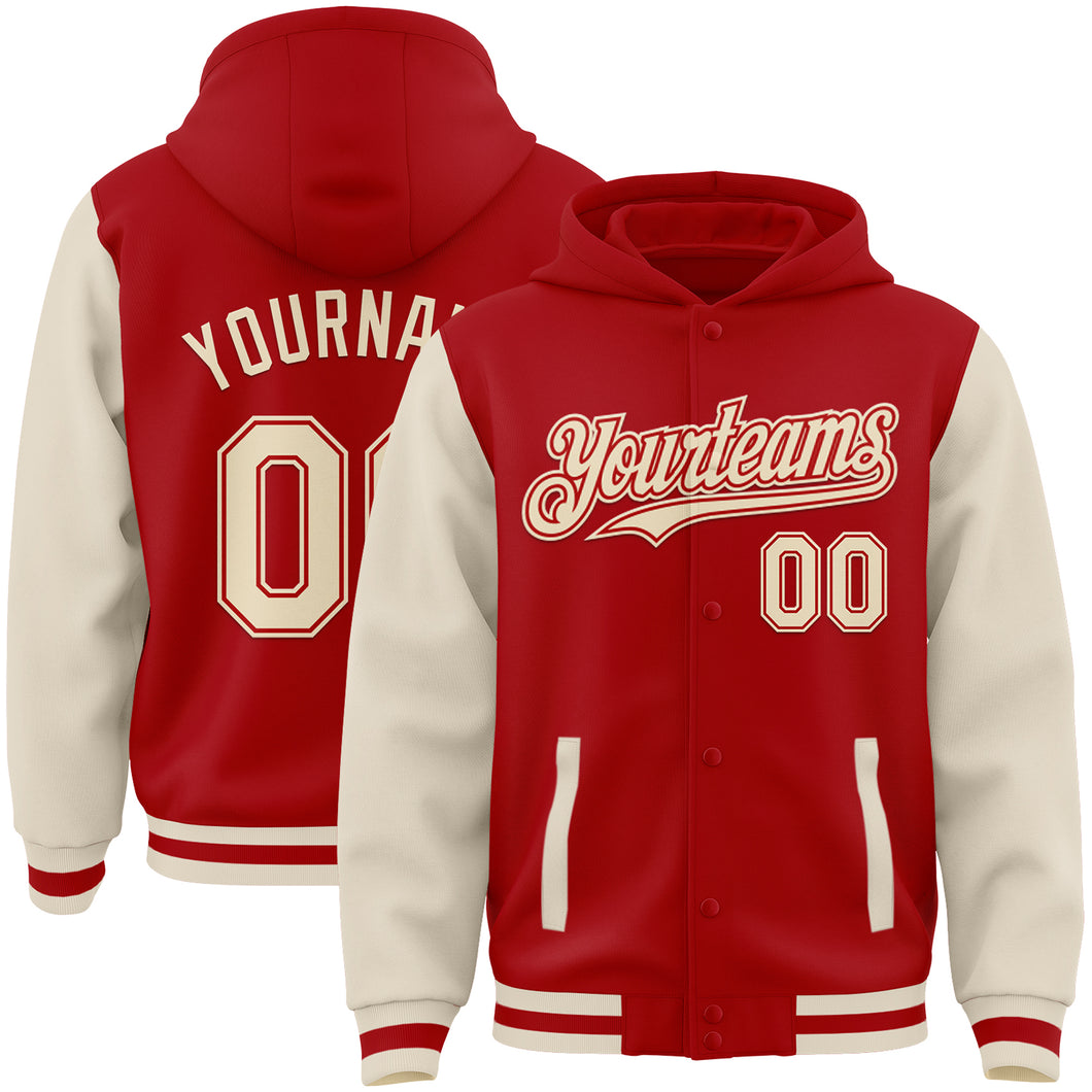 Custom Red Cream Bomber Full-Snap Varsity Letterman Two Tone Hoodie Jacket