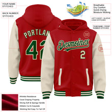 Load image into Gallery viewer, Custom Red Green-Cream Bomber Full-Snap Varsity Letterman Two Tone Hoodie Jacket
