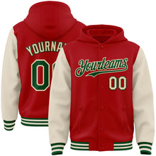 Load image into Gallery viewer, Custom Red Green-Cream Bomber Full-Snap Varsity Letterman Two Tone Hoodie Jacket
