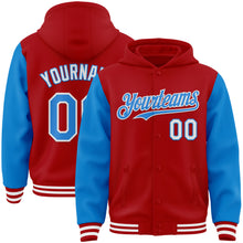 Load image into Gallery viewer, Custom Red Powder Blue-White Bomber Full-Snap Varsity Letterman Two Tone Hoodie Jacket
