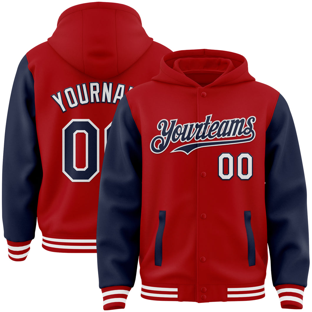 Custom Red Navy-White Bomber Full-Snap Varsity Letterman Two Tone Hoodie Jacket