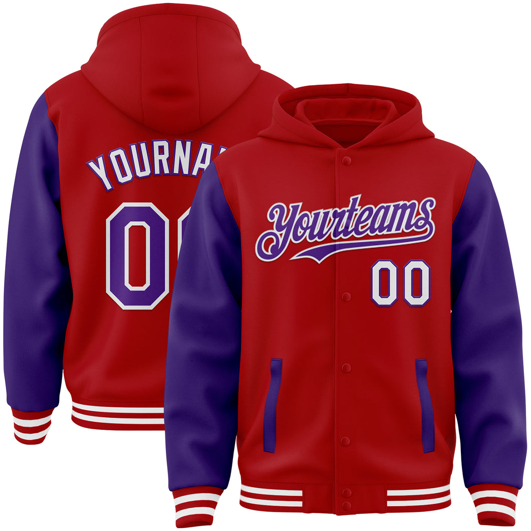 Custom Red Purple-White Bomber Full-Snap Varsity Letterman Two Tone Hoodie Jacket