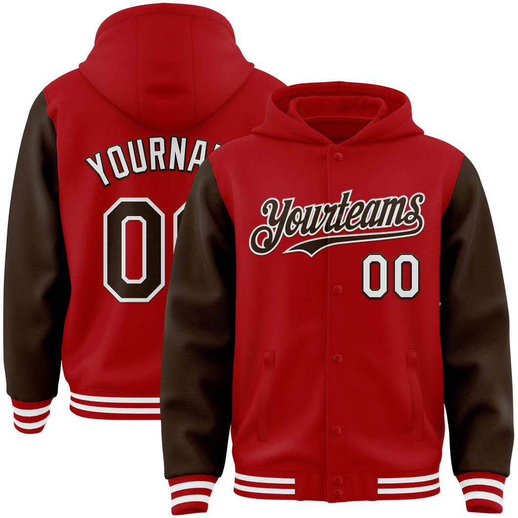 Custom Red Brown-White Bomber Full-Snap Varsity Letterman Two Tone Hoodie Jacket