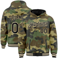 Load image into Gallery viewer, Custom Camo Black-Cream 3D Bomber Full-Snap Varsity Letterman Salute To Service Hoodie Jacket
