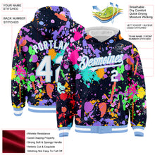 Load image into Gallery viewer, Custom Graffiti Pattern White-Light Blue Splash 3D Bomber Full-Snap Varsity Letterman Hoodie Jacket
