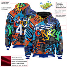 Load image into Gallery viewer, Custom Graffiti Pattern White-Royal Abstract Urban Street Art 3D Bomber Full-Snap Varsity Letterman Hoodie Jacket
