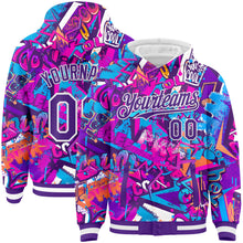 Load image into Gallery viewer, Custom Graffiti Pattern Purple-White Splash 3D Bomber Full-Snap Varsity Letterman Hoodie Jacket
