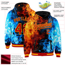 Load image into Gallery viewer, Custom Red Gold Black-Lakes Blue Flame 3D Pattern Design Bomber Full-Snap Varsity Letterman Hoodie Jacket
