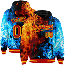 Load image into Gallery viewer, Custom Red Gold Black-Lakes Blue Flame 3D Pattern Design Bomber Full-Snap Varsity Letterman Hoodie Jacket
