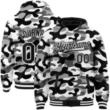 Load image into Gallery viewer, Custom Camo Black-White 3D Bomber Full-Snap Varsity Letterman Salute To Service Hoodie Jacket
