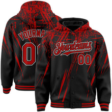 Load image into Gallery viewer, Custom Black Red-White Splash 3D Pattern Design Bomber Full-Snap Varsity Letterman Hoodie Jacket
